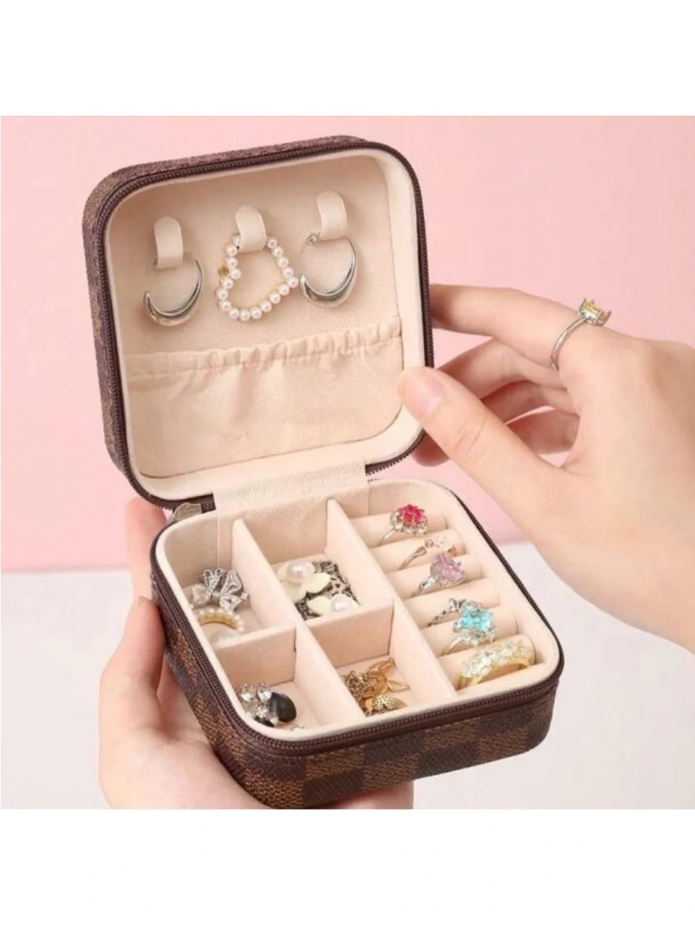 Brown Check Travel Jewelry Case - Compact Cosmetic Organizer